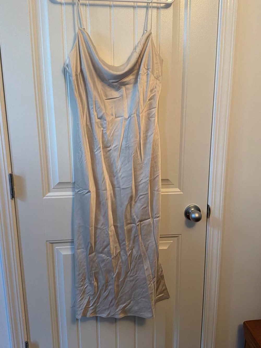Express Satin Cowl Neck Slip Dress in Off White